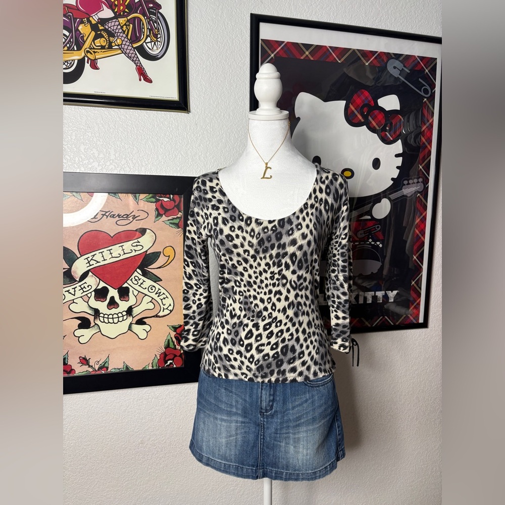 Silk Black & Grey Cheetah Print Quarter Sleeve Top Grunge